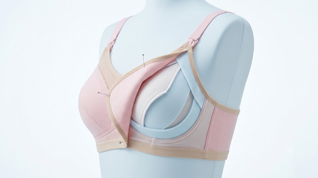 Close-up of nursing bra mechanical closure and structural seam cutaway